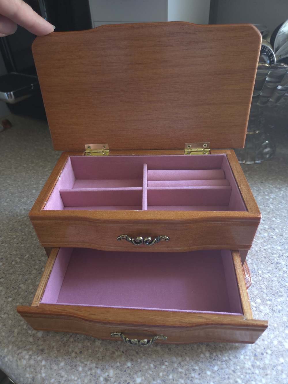 Wood Jewelry Box with Pink Lined Compartments